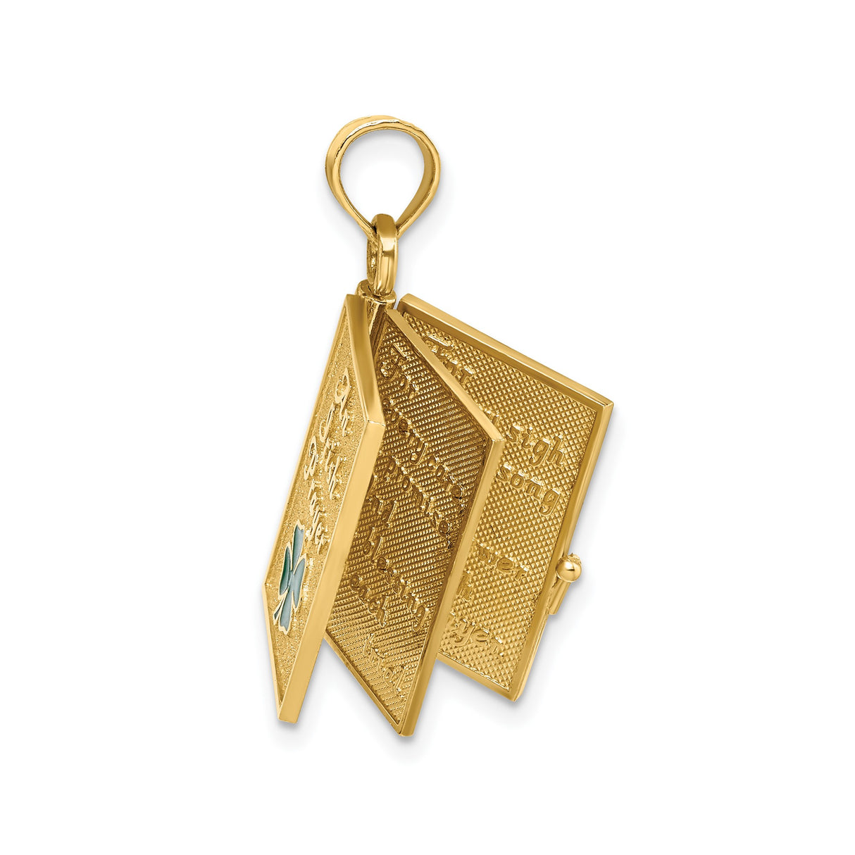 14k Yellow Gold Irish Prayer Book Pendant with Green Enamel Four Leaf Clover