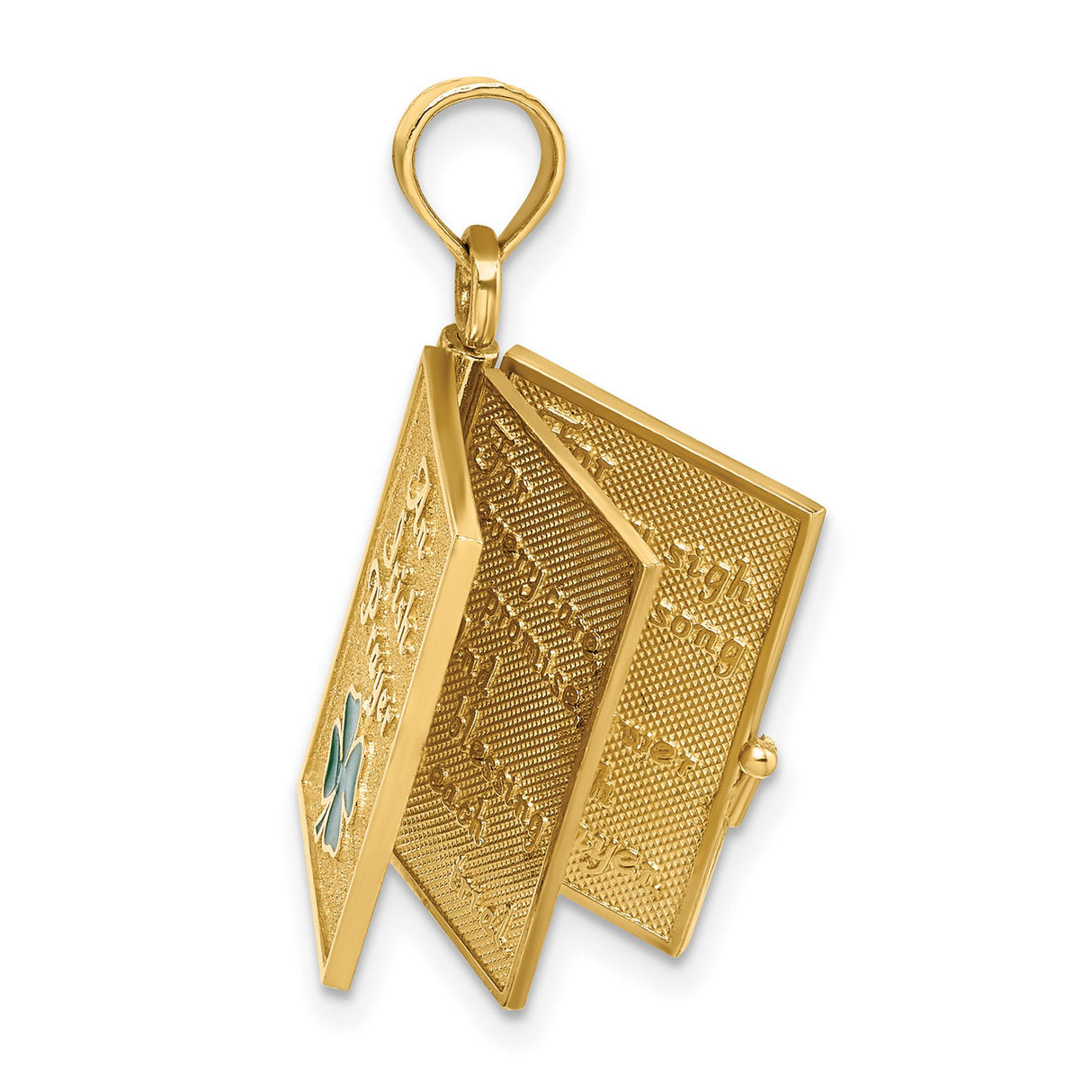3-D Moveable Enameled AN IRISH PRAYER Book Clover Charm Pendant in Real 14k Yellow Gold