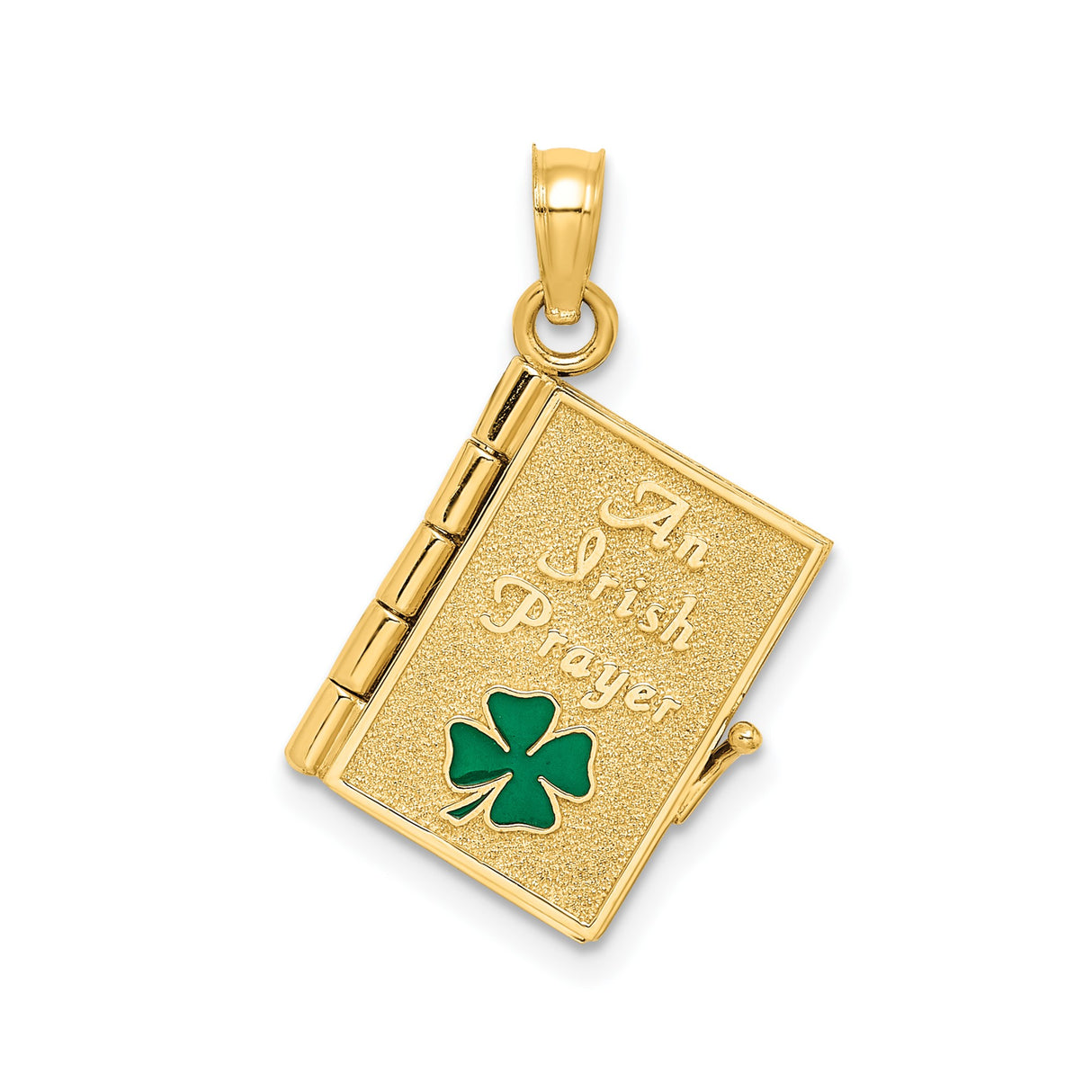 14k Yellow Gold Irish Prayer Book Pendant with Green Enamel Four Leaf Clover