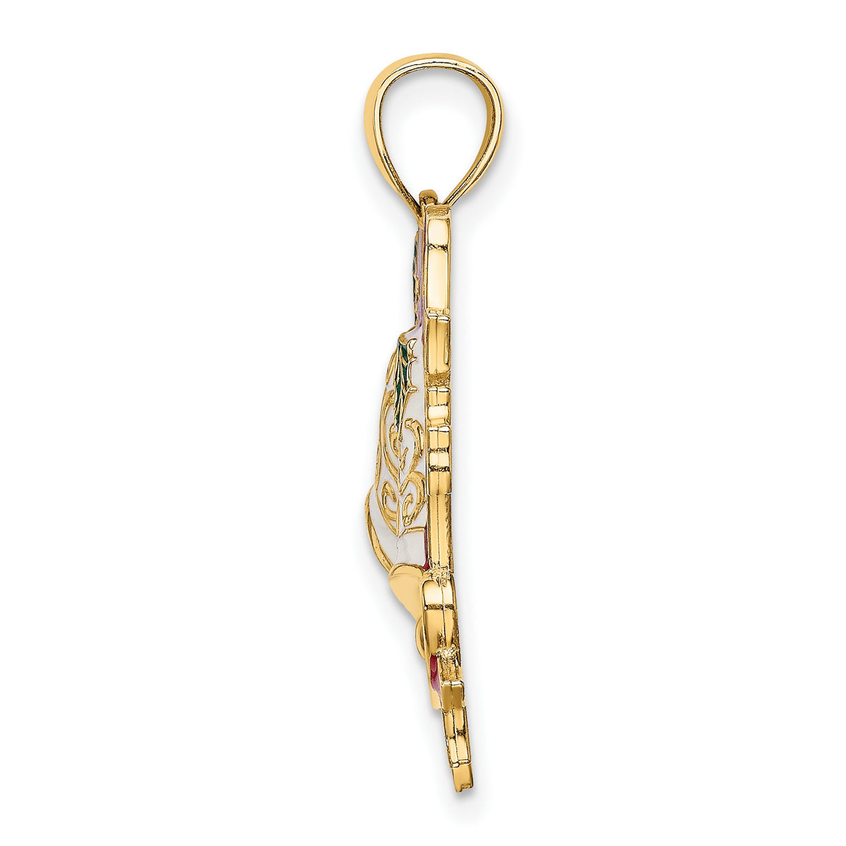 14k Yellow Gold Christmas Bell Pendant with Red Enamel Bow and Holly Leaves Charm