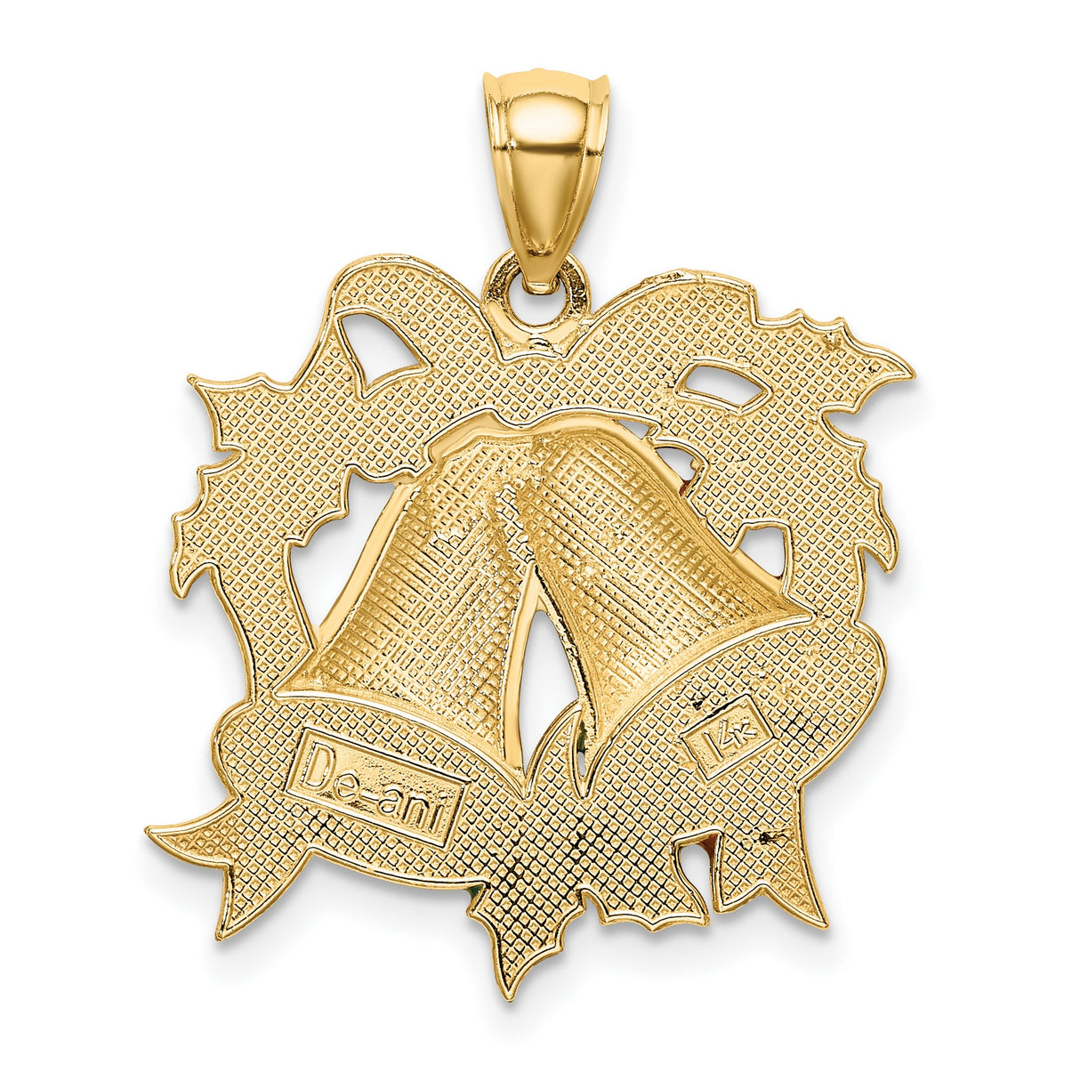 14k Yellow Gold Christmas Bell Pendant with Red Enamel Bow and Holly Leaves Charm