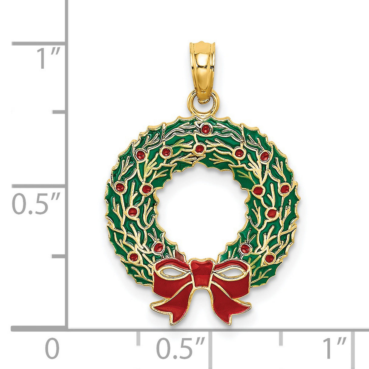 14k Yellow Gold Christmas Wreath Pendant with Green Enamel Holly and Red Bow