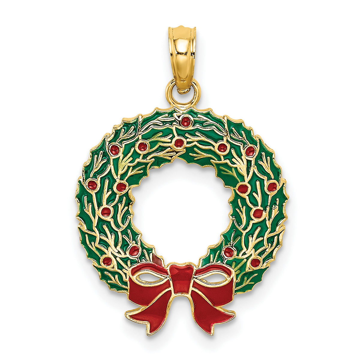 14k Yellow Gold Christmas Wreath Pendant with Green Enamel Holly and Red Bow