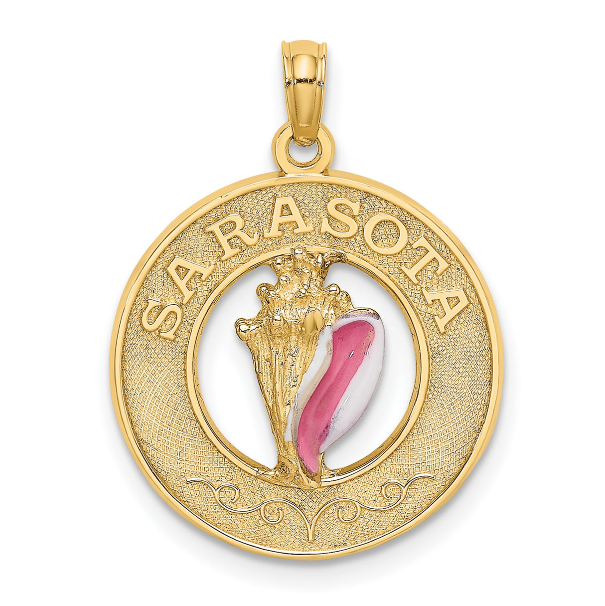 14k Yellow Gold Shell Pendant with Pink Enamel Conch Charm, Nautical Sea Life Design