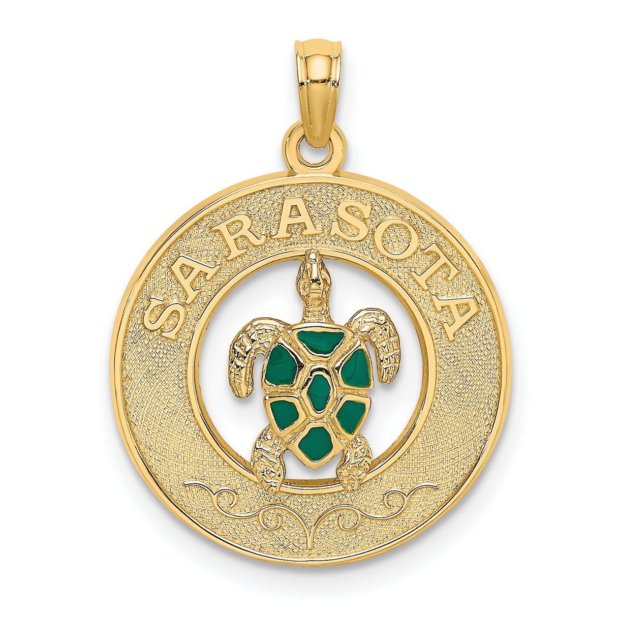 14k Yellow Gold Turtle Pendant with Green Enamel, Coastal Nautical Marine Life Theme