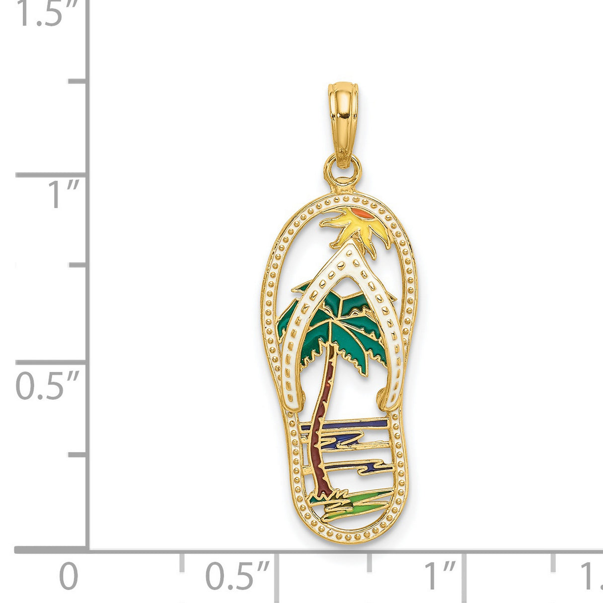 14k Yellow Gold Flip-Flop Pendant with Enamel Tropical Beach Sunset Scene