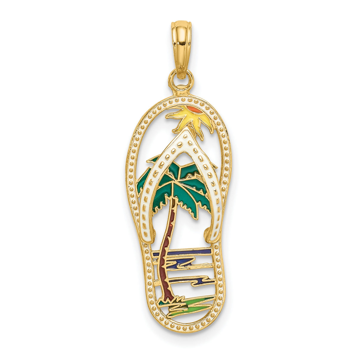 14k Yellow Gold Flip-Flop Pendant with Enamel Tropical Beach Sunset Scene