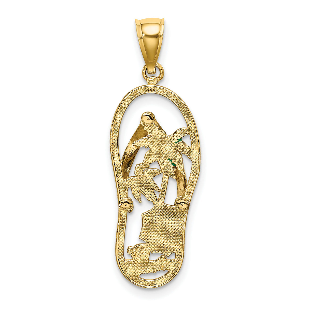 14k Yellow Gold Flip-Flop Pendant with Enamel Beach Scene and Palm Tree Charm