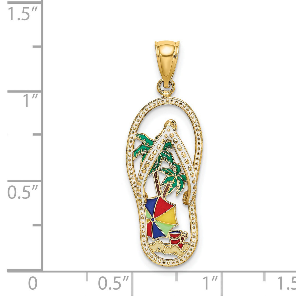 14k Yellow Gold Flip-Flop Pendant with Enamel Beach Scene and Palm Tree Charm