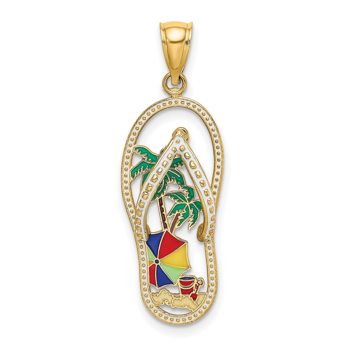 14k Yellow Gold Flip-Flop Pendant with Enamel Beach Scene and Palm Tree Charm