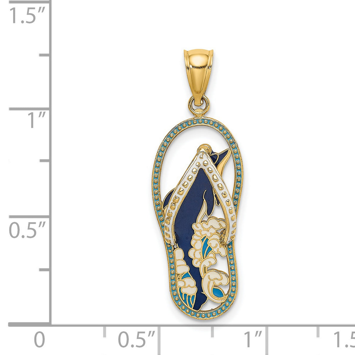 14k Yellow Gold Flip-Flop Sandal Pendant with Blue Floral Enamel, Tropical Beach Theme