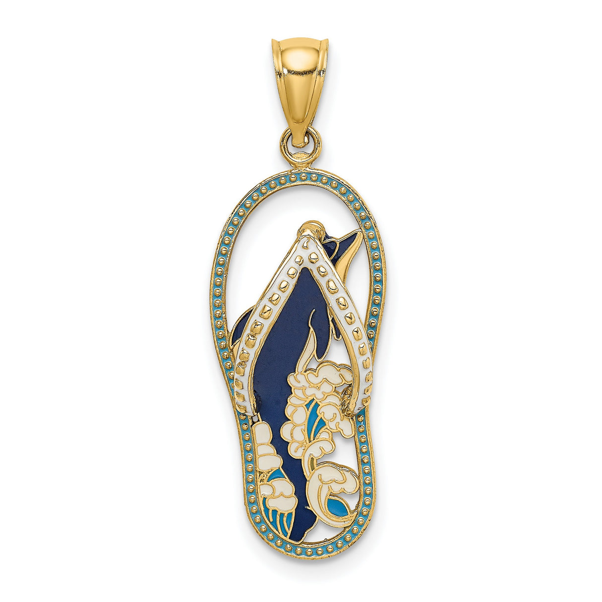 14k Yellow Gold Flip-Flop Sandal Pendant with Blue Floral Enamel, Tropical Beach Theme