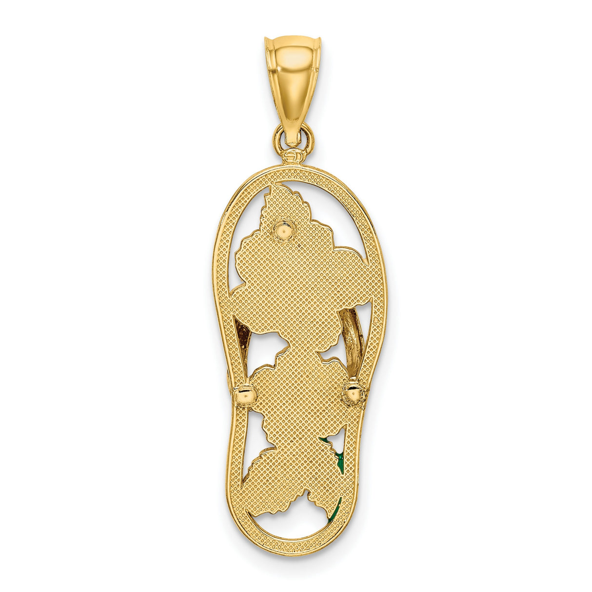 14k Yellow Gold Flip-Flop Sandal Pendant with Red Hibiscus Flowers and Green Leaves, Tropical Beach Charm