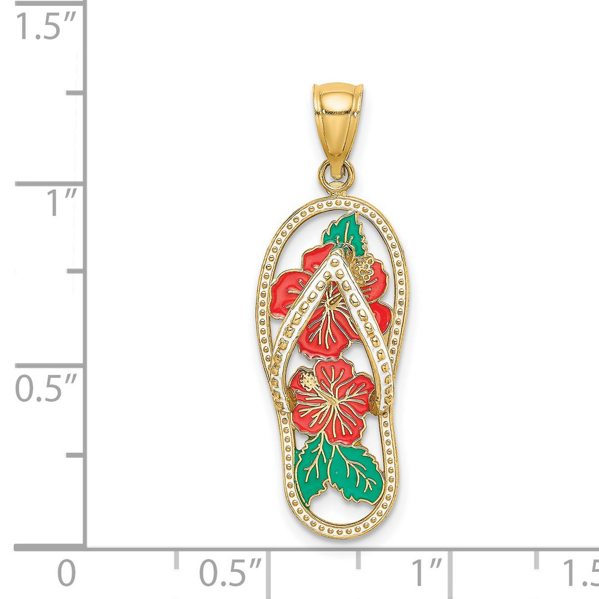 14k Yellow Gold Flip-Flop Sandal Pendant with Red Hibiscus Flowers and Green Leaves, Tropical Beach Charm