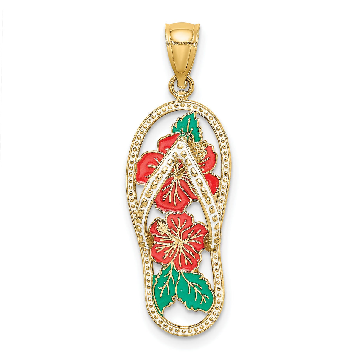 14k Yellow Gold Flip-Flop Sandal Pendant with Red Hibiscus Flowers and Green Leaves, Tropical Beach Charm