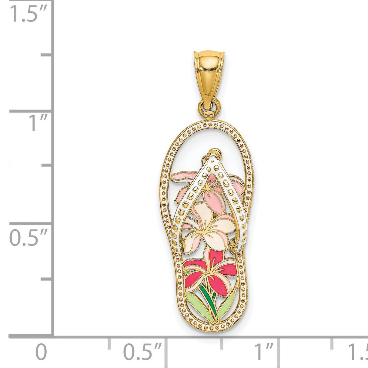 14k Yellow Gold Flip-Flop Pendant with Enamel Tropical Flowers, Beach Vacation Theme