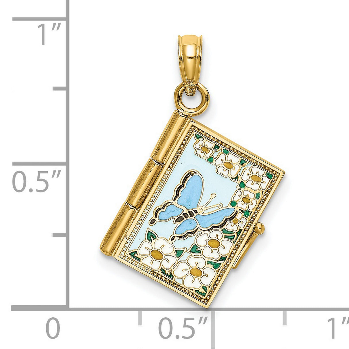 14k Yellow Gold Locket Pendant with Blue Enamel Butterfly and White Flower Design