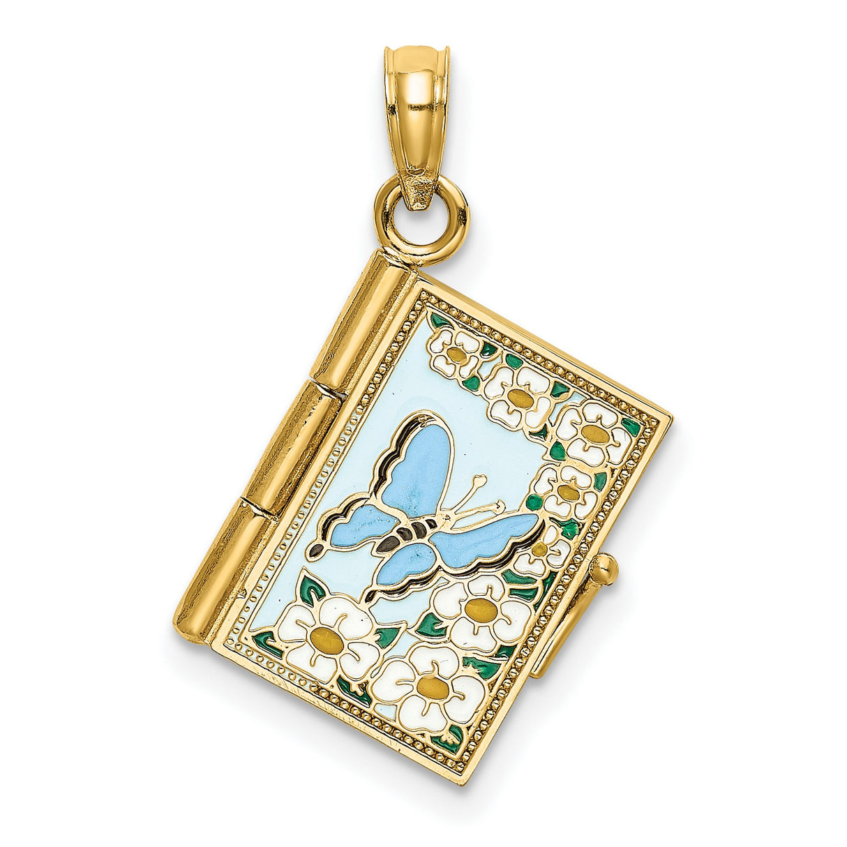 14k Yellow Gold Locket Pendant with Blue Enamel Butterfly and White Flower Design