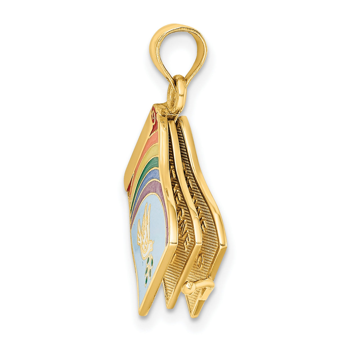 14k Yellow Gold Pendant with Enamel Scroll and Rainbow Dove and Olive Branch Design