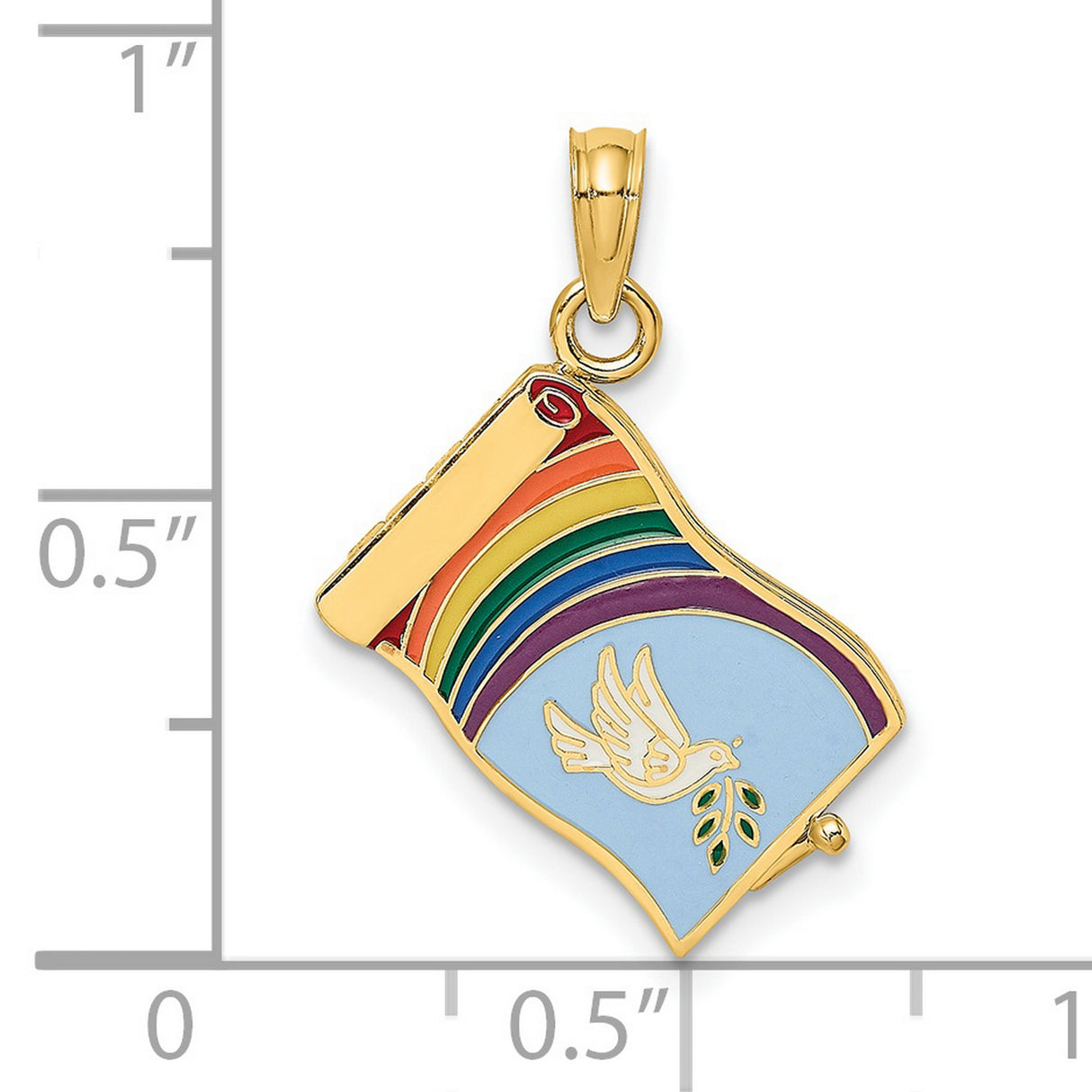 14k Yellow Gold Pendant with Enamel Scroll and Rainbow Dove and Olive Branch Design