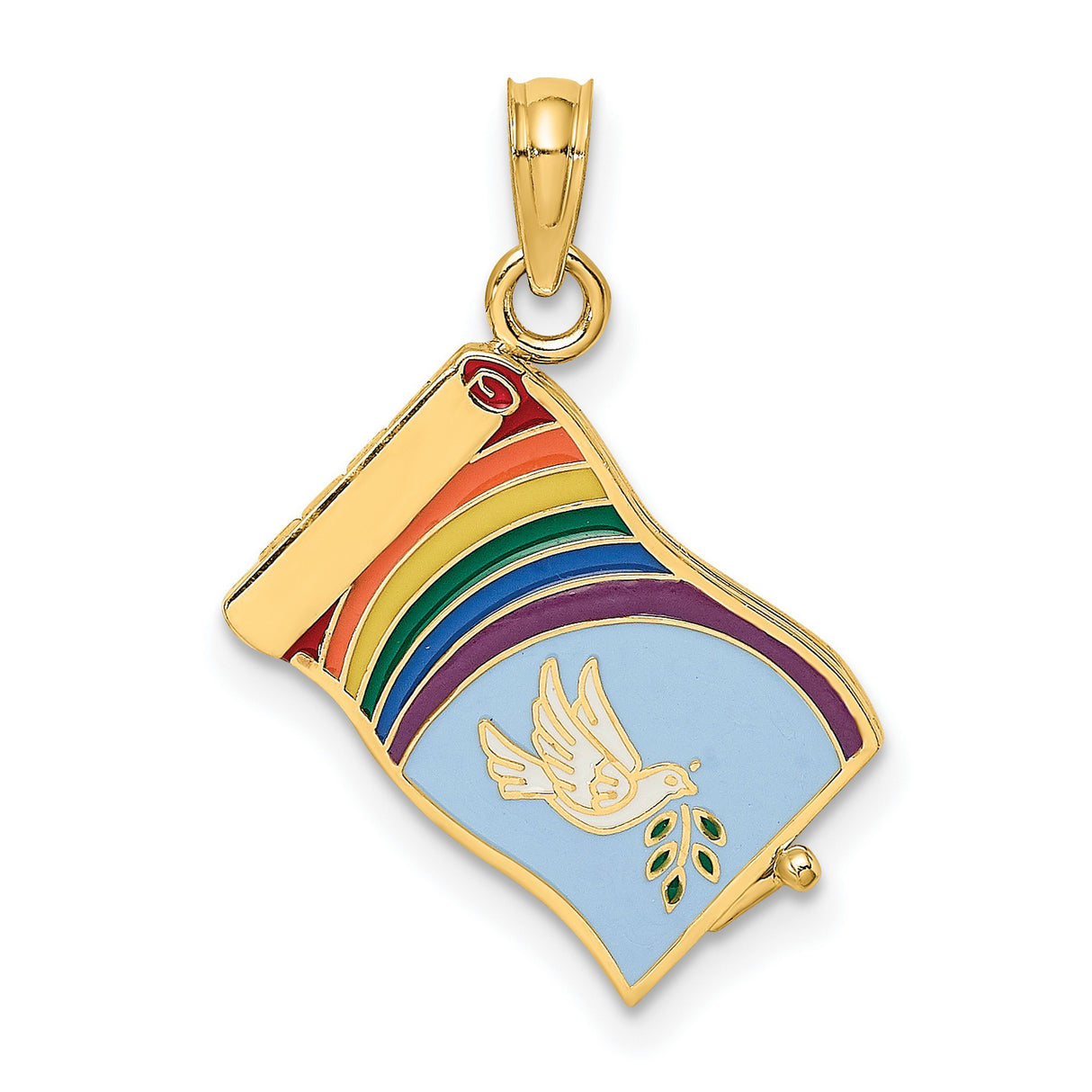 14k Yellow Gold Pendant with Enamel Scroll and Rainbow Dove and Olive Branch Design