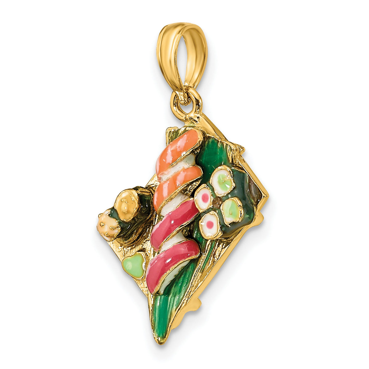 14k Yellow Gold Sushi Pendant with Colorful Enamel, Nigiri and Maki Roll Design