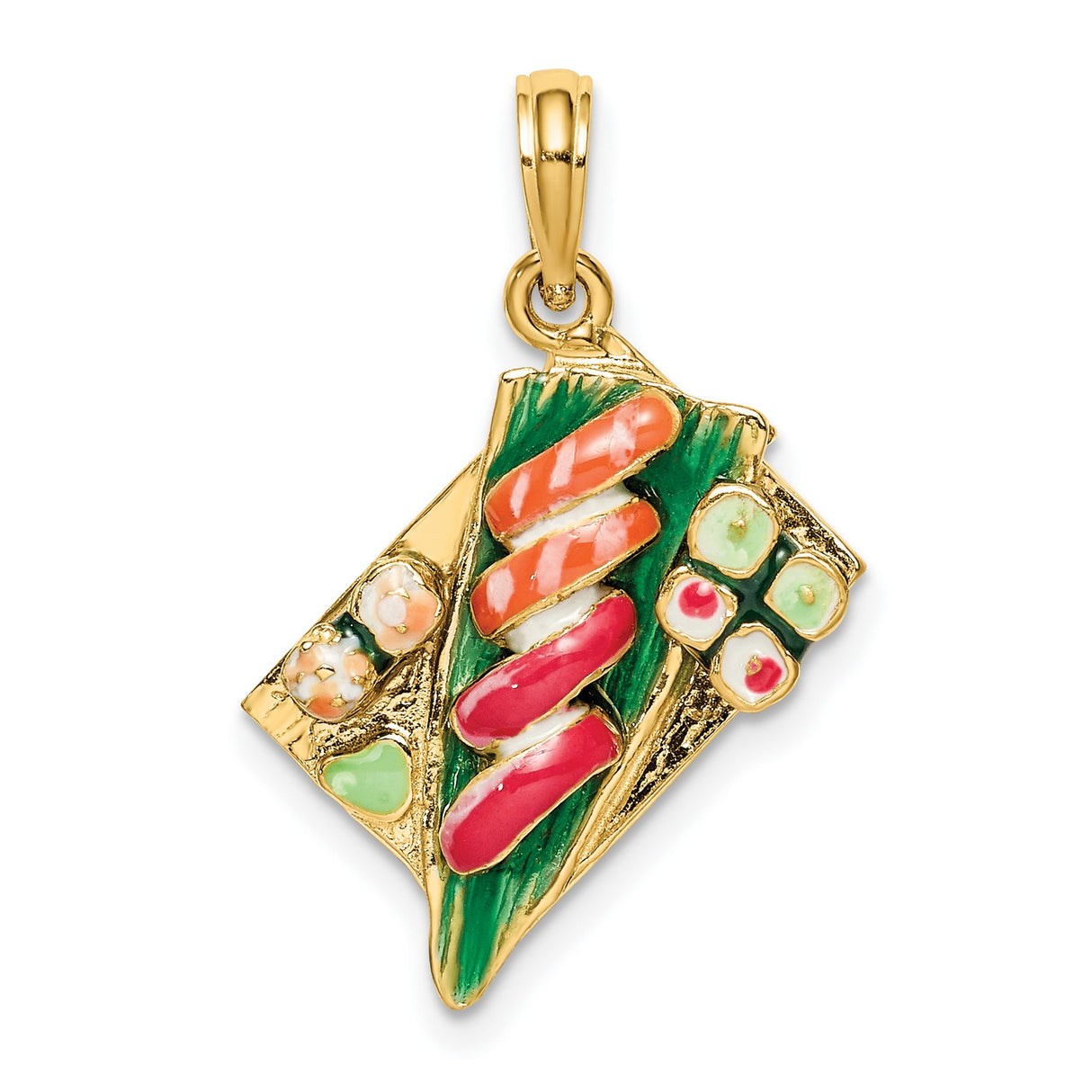 14k Yellow Gold Sushi Pendant with Colorful Enamel, Nigiri and Maki Roll Design