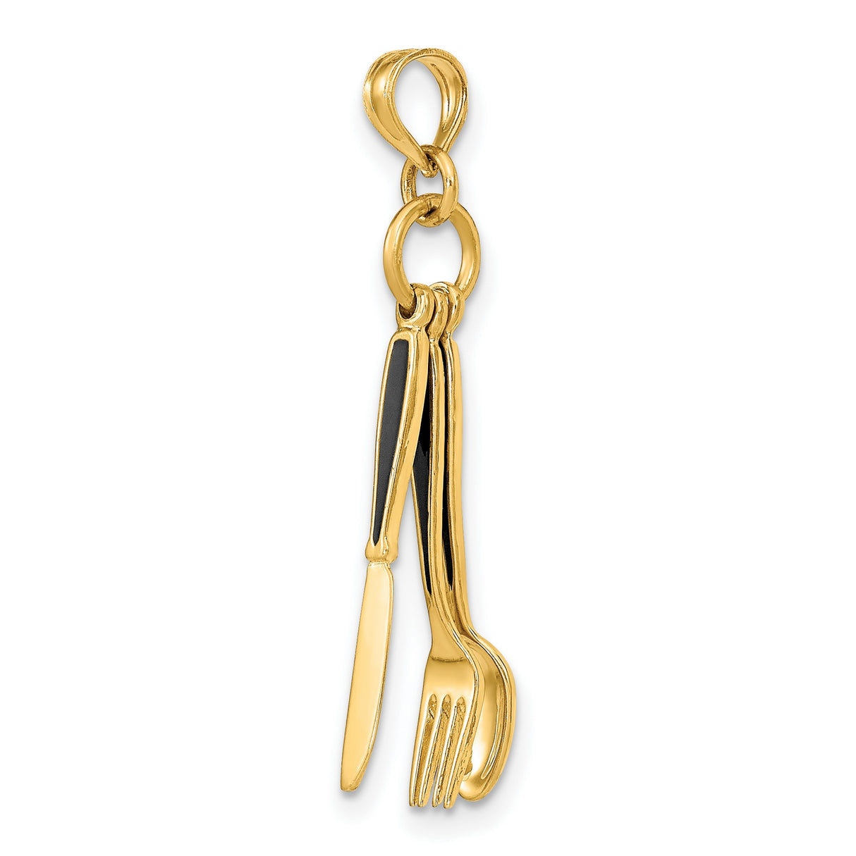 14k Yellow Gold Pendant with Movable Fork Knife Spoon, Black Enamel Culinary Charm