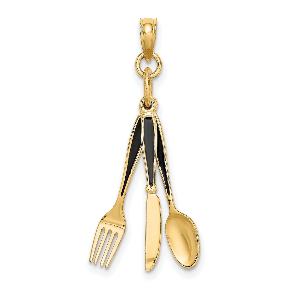 14k Yellow Gold Pendant with Movable Fork Knife Spoon, Black Enamel Culinary Charm