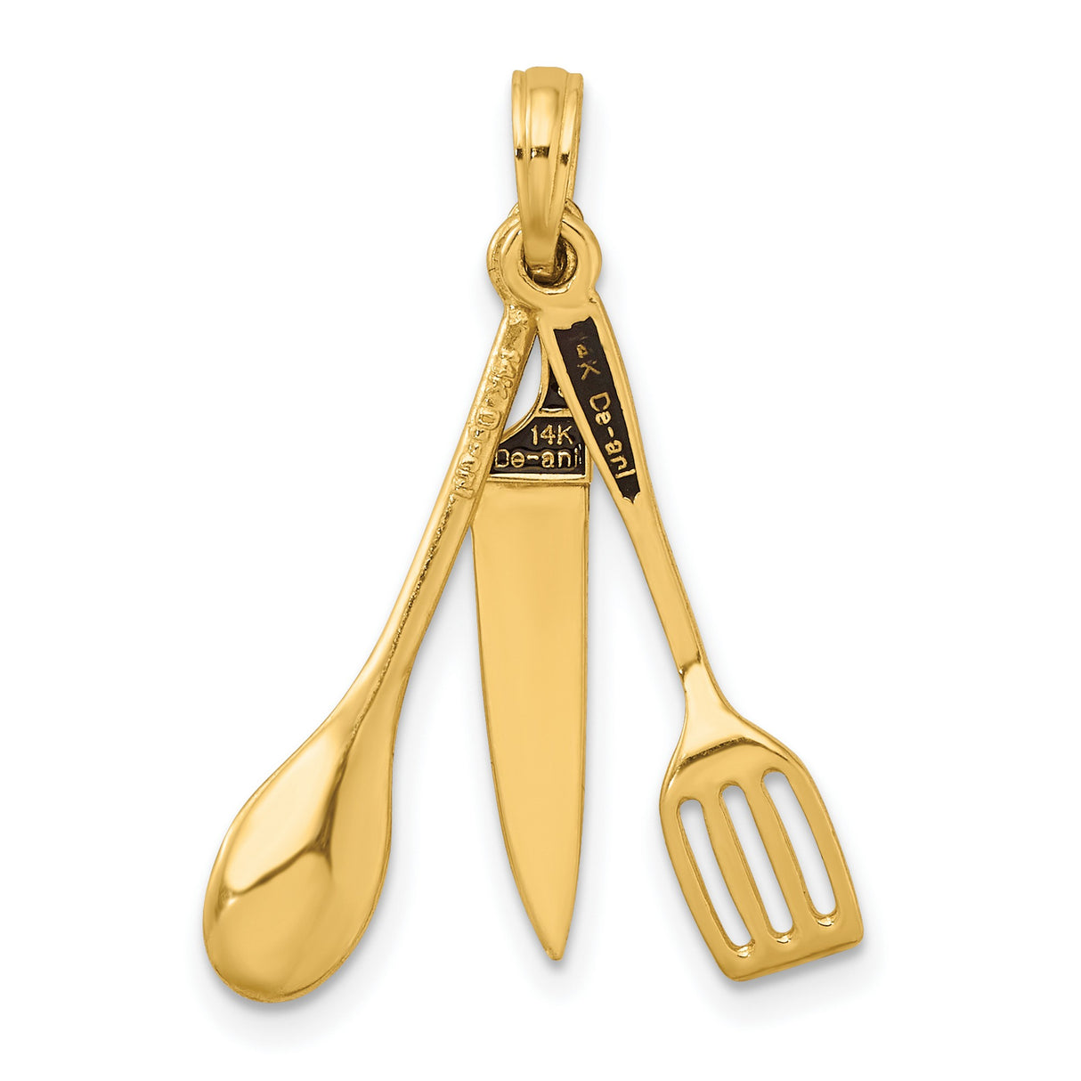 14k Yellow Gold Chef Pendant with Movable Knife, Spoon, and Spatula, Black Enamel Kitchen Charm