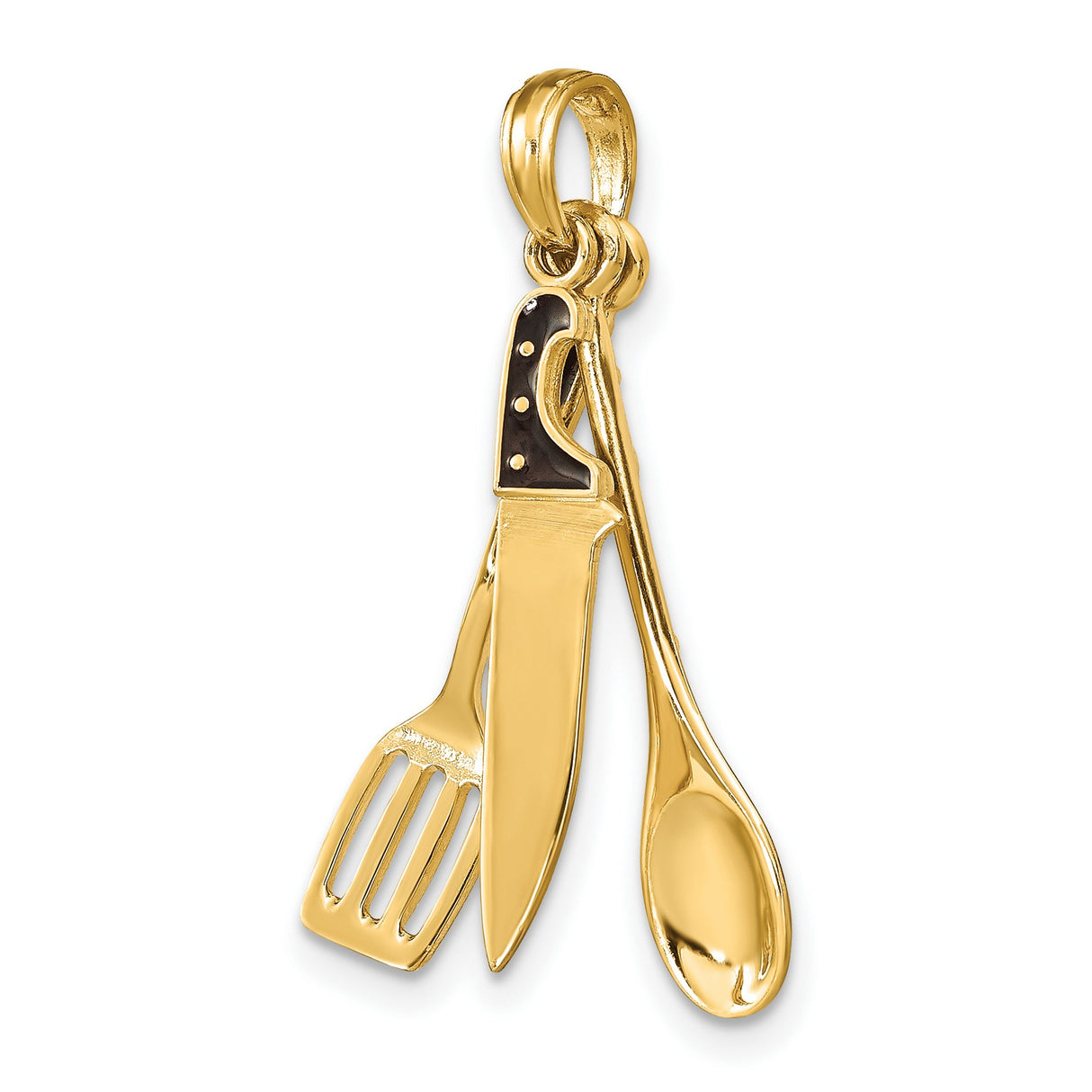 14k Yellow Gold Chef Pendant with Movable Knife, Spoon, and Spatula, Black Enamel Kitchen Charm