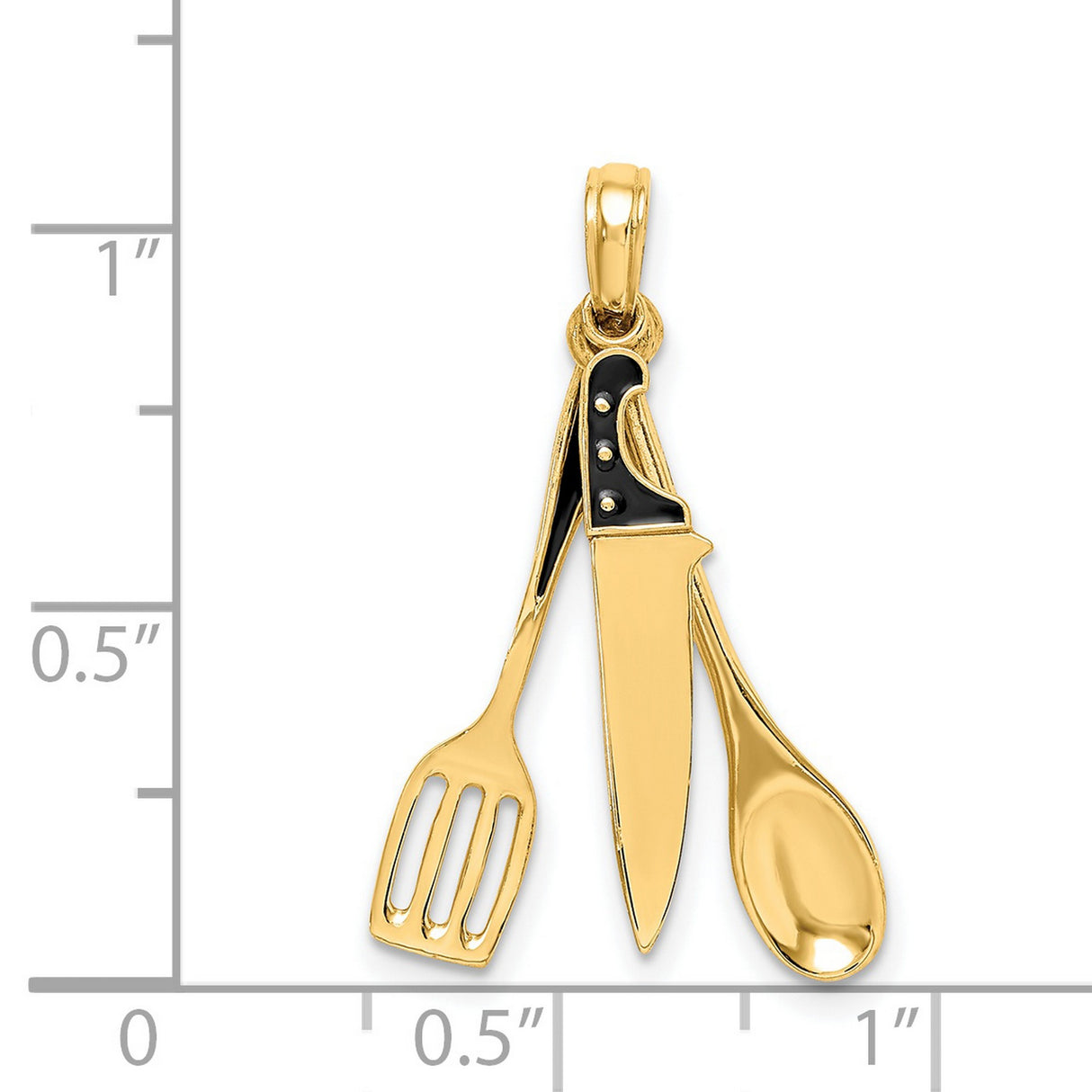 14k Yellow Gold Chef Pendant with Movable Knife, Spoon, and Spatula, Black Enamel Kitchen Charm
