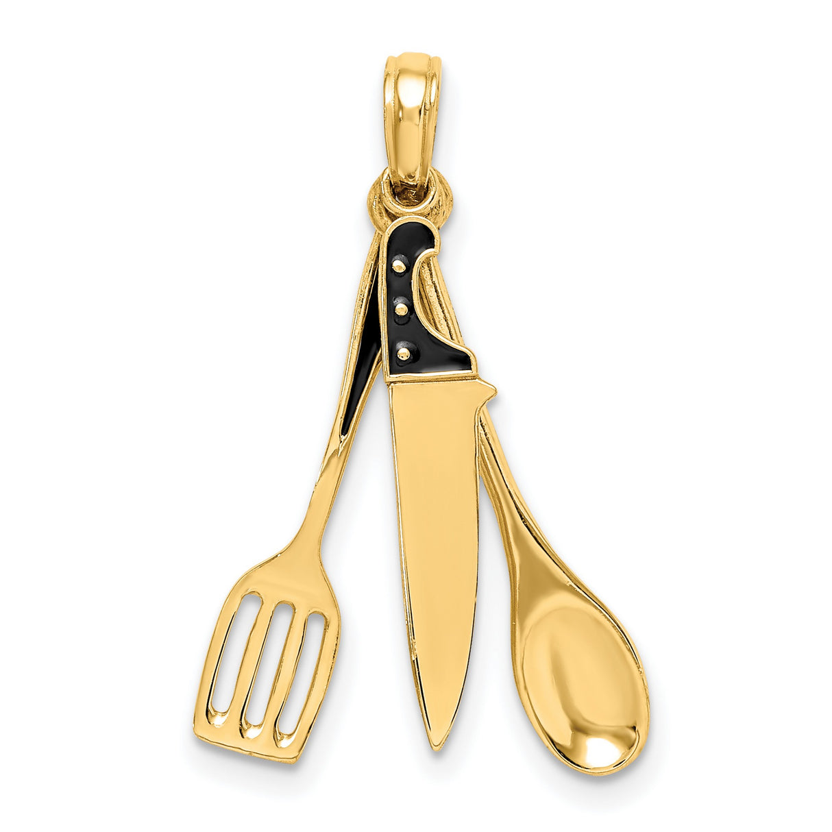 14k Yellow Gold Chef Pendant with Movable Knife, Spoon, and Spatula, Black Enamel Kitchen Charm