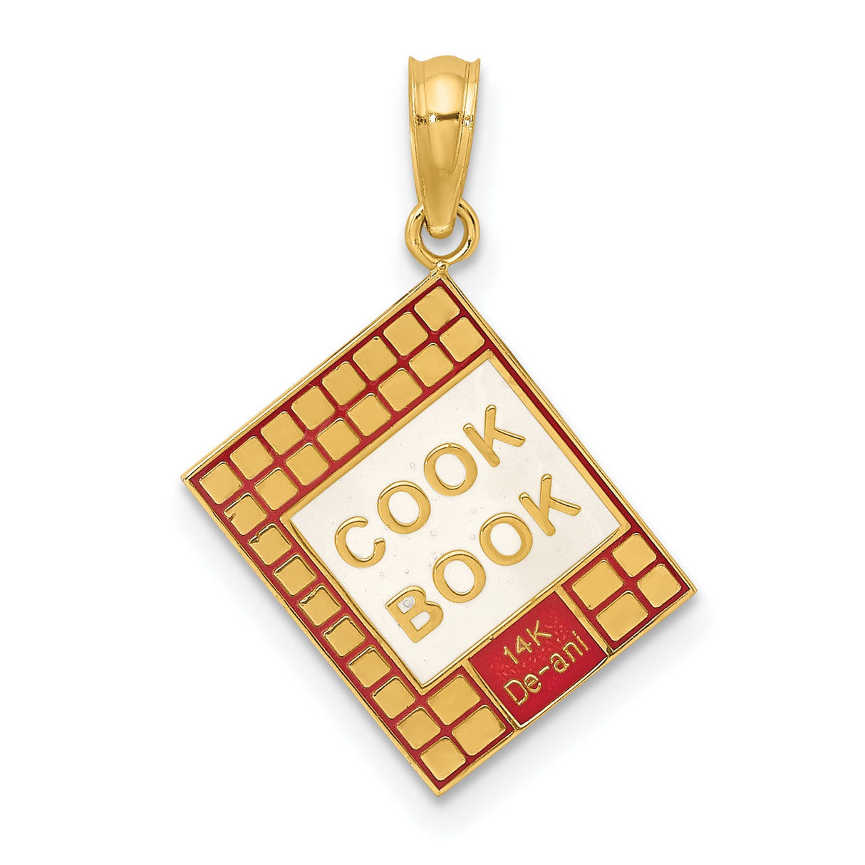 14k Yellow Gold Cookbook Pendant Charm with Red Enamel, 3D Culinary Theme