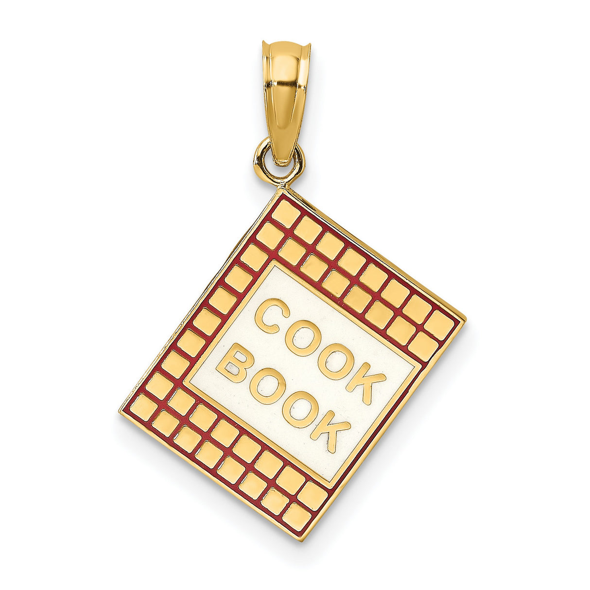 14k Yellow Gold Cookbook Pendant Charm with Red Enamel, 3D Culinary Theme