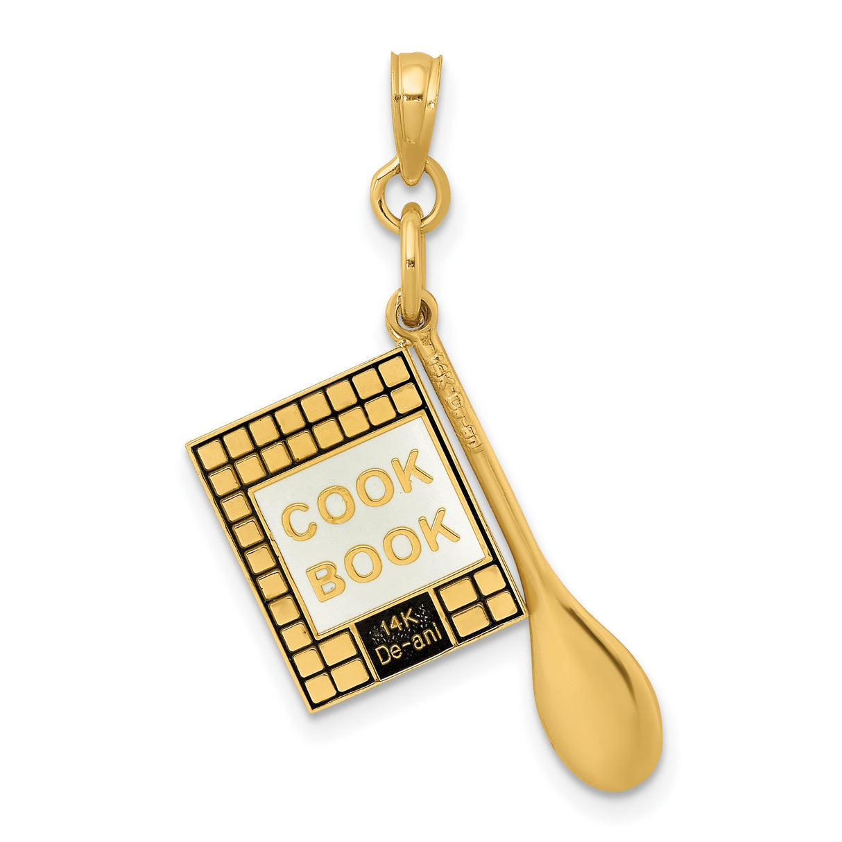 14k Yellow Gold Cookbook and Spoon Pendant, Culinary Cooking Charm for Women or Unisex Wear