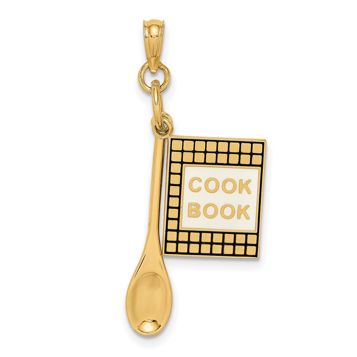 14k Yellow Gold Cookbook and Spoon Pendant, Culinary Cooking Charm for Women or Unisex Wear