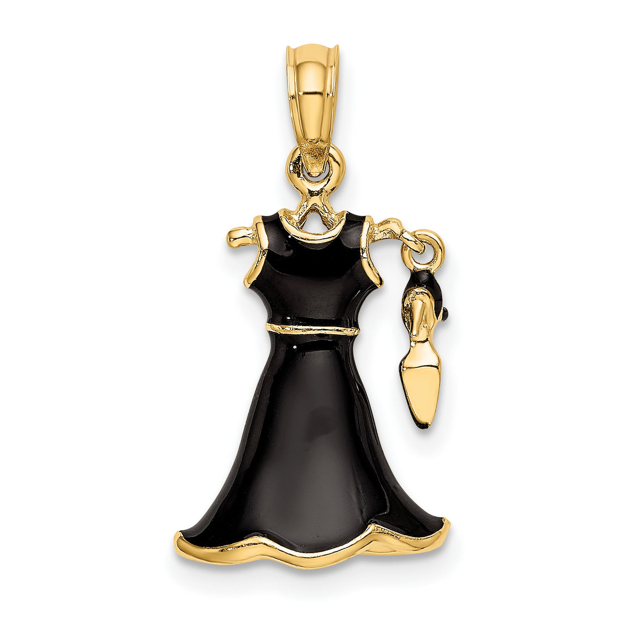 14k Yellow Gold Pendant with Black Enamel Evening Dress and High Heel Shoe Design