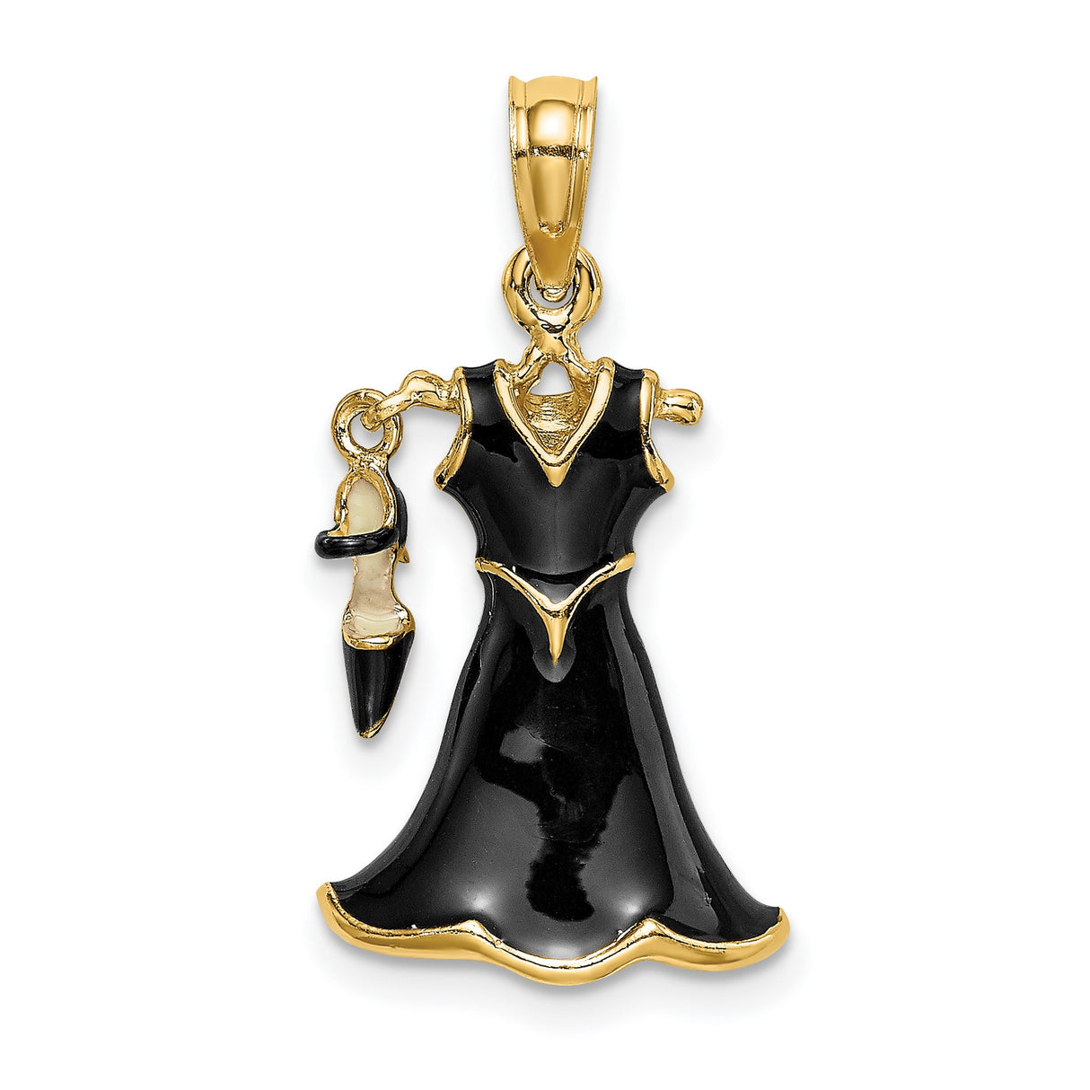 14k Yellow Gold Pendant with Black Enamel Evening Dress and High Heel Shoe Design