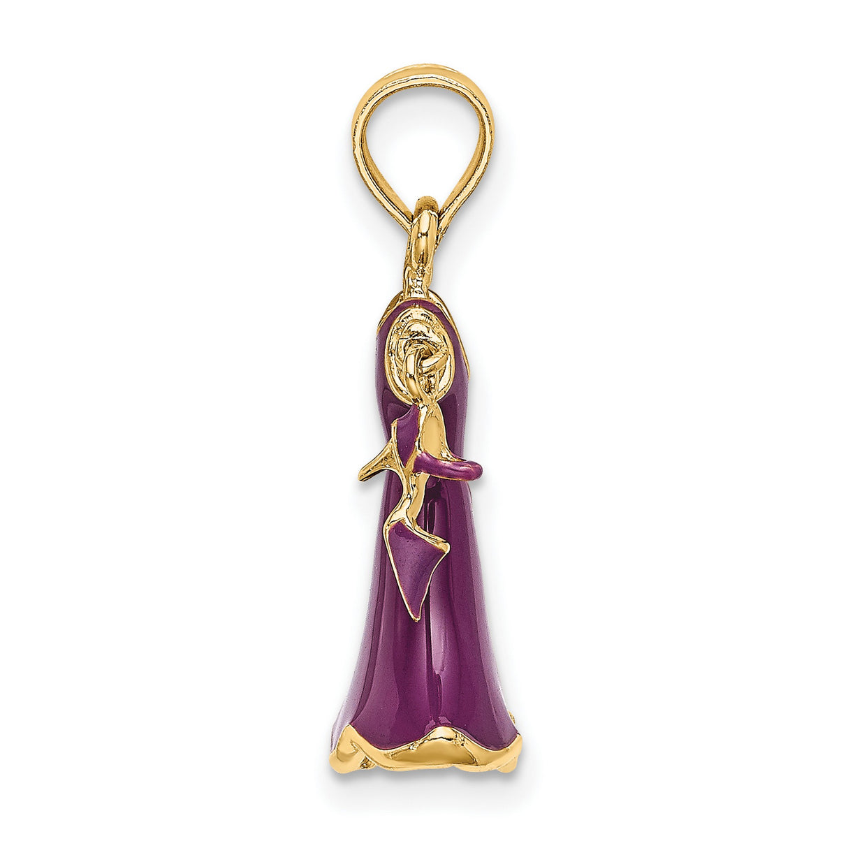 14k Yellow Gold Charm Pendant with Purple Enamel Dress and High Heel Shoe, Movable Fashion Jewelry
