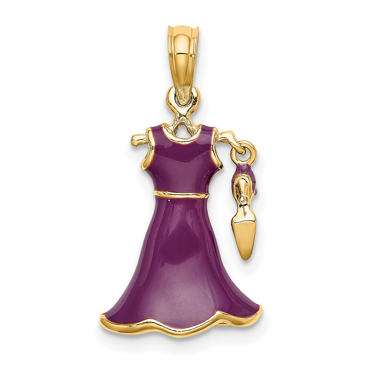 14k Yellow Gold Charm Pendant with Purple Enamel Dress and High Heel Shoe, Movable Fashion Jewelry
