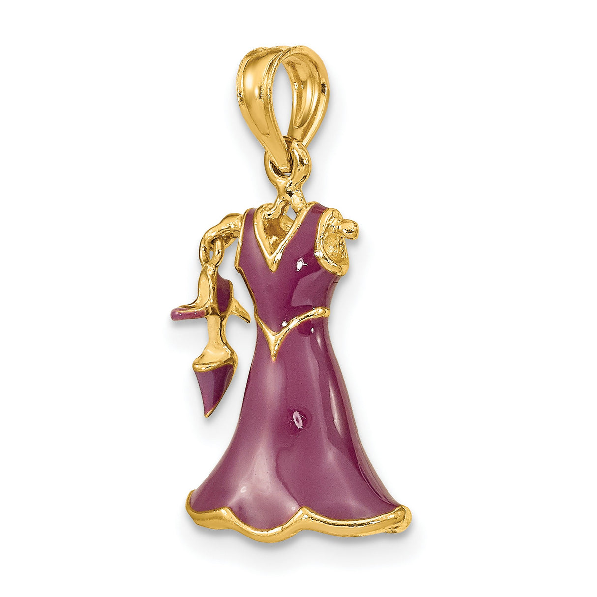 14k Yellow Gold Charm Pendant with Purple Enamel Dress and High Heel Shoe, Movable Fashion Jewelry