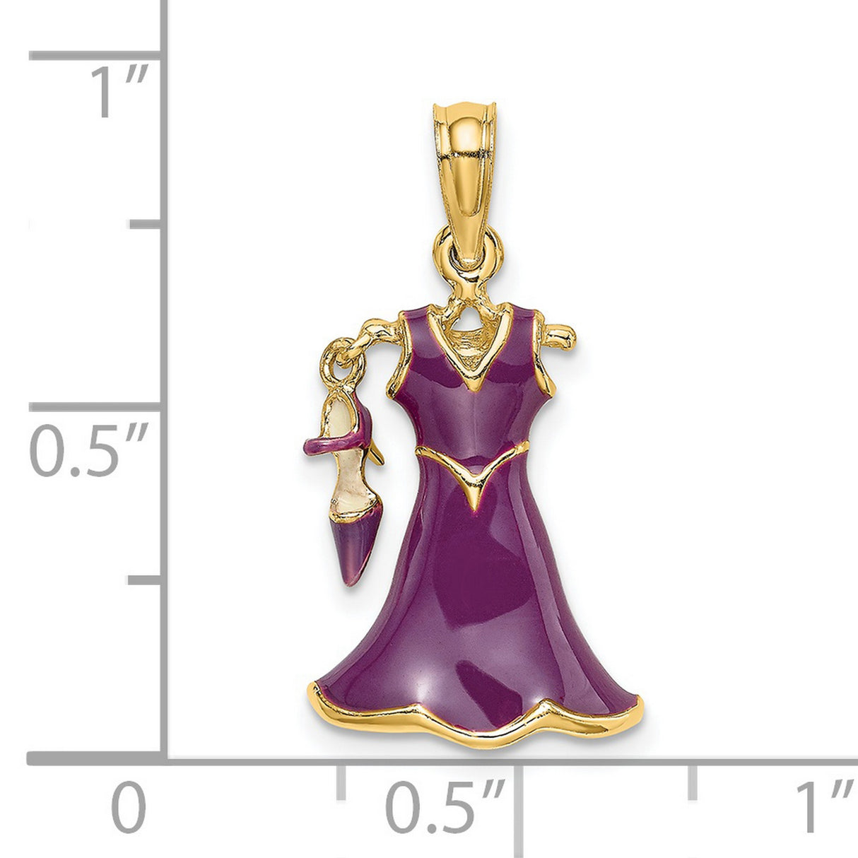 14k Yellow Gold Charm Pendant with Purple Enamel Dress and High Heel Shoe, Movable Fashion Jewelry