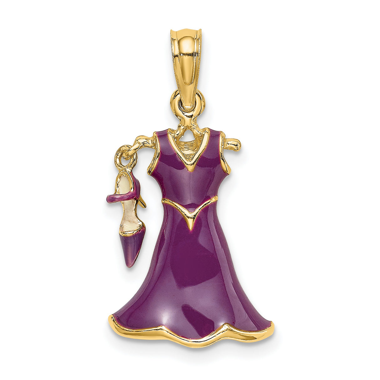 14k Yellow Gold Charm Pendant with Purple Enamel Dress and High Heel Shoe, Movable Fashion Jewelry