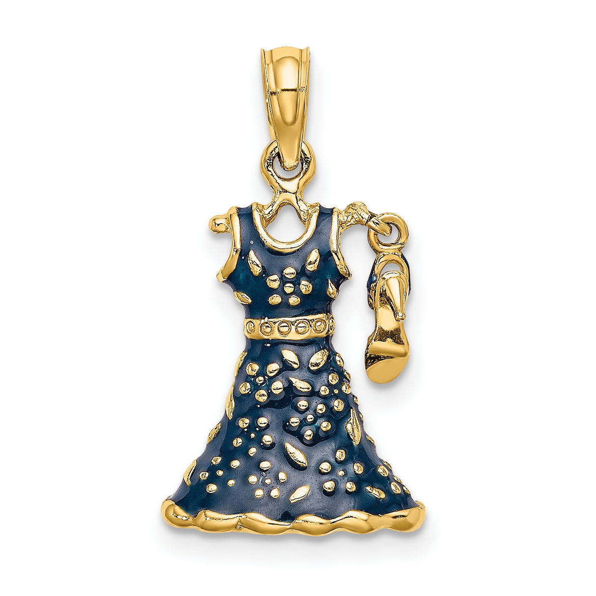 14k Yellow Gold Pendant, Blue Evening Gown and High Heel Charm, Dance-Inspired Fashion Jewelry