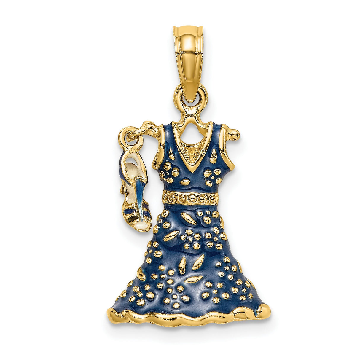 14k Yellow Gold Pendant, Blue Evening Gown and High Heel Charm, Dance-Inspired Fashion Jewelry