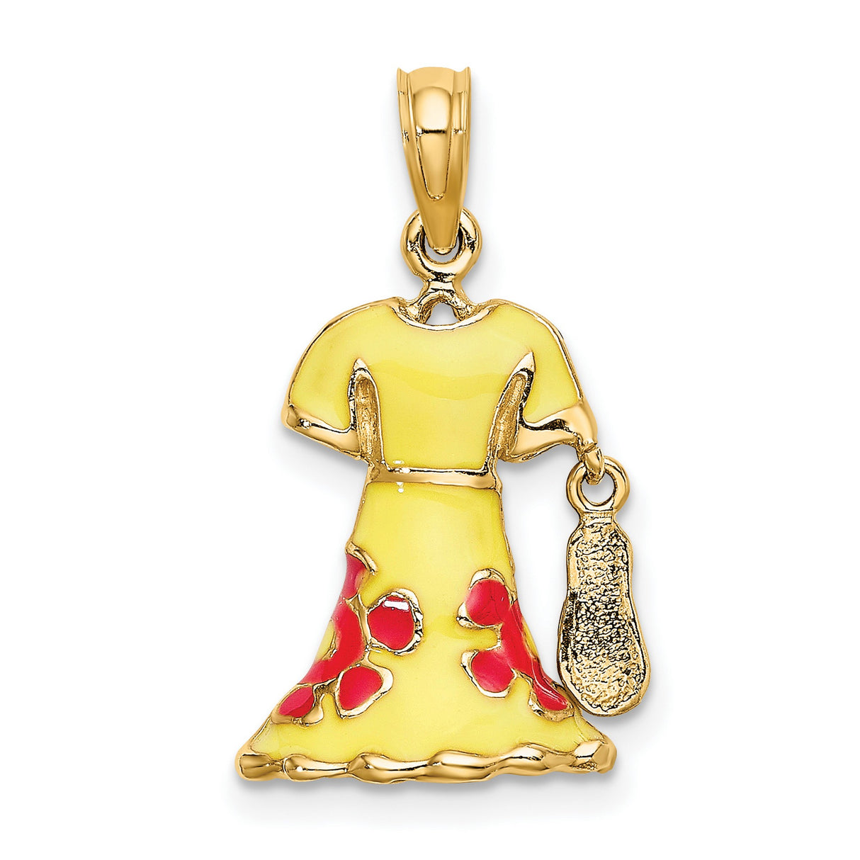 14k Yellow Gold Flamenco Dress Pendant with Red and Yellow Enamel and Movable Shoe Charm