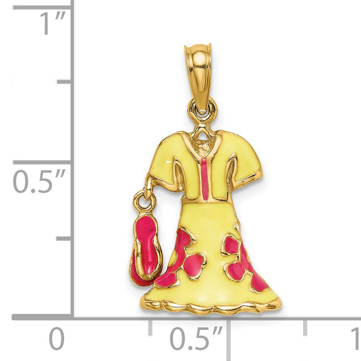 14k Yellow Gold Flamenco Dress Pendant with Red and Yellow Enamel and Movable Shoe Charm