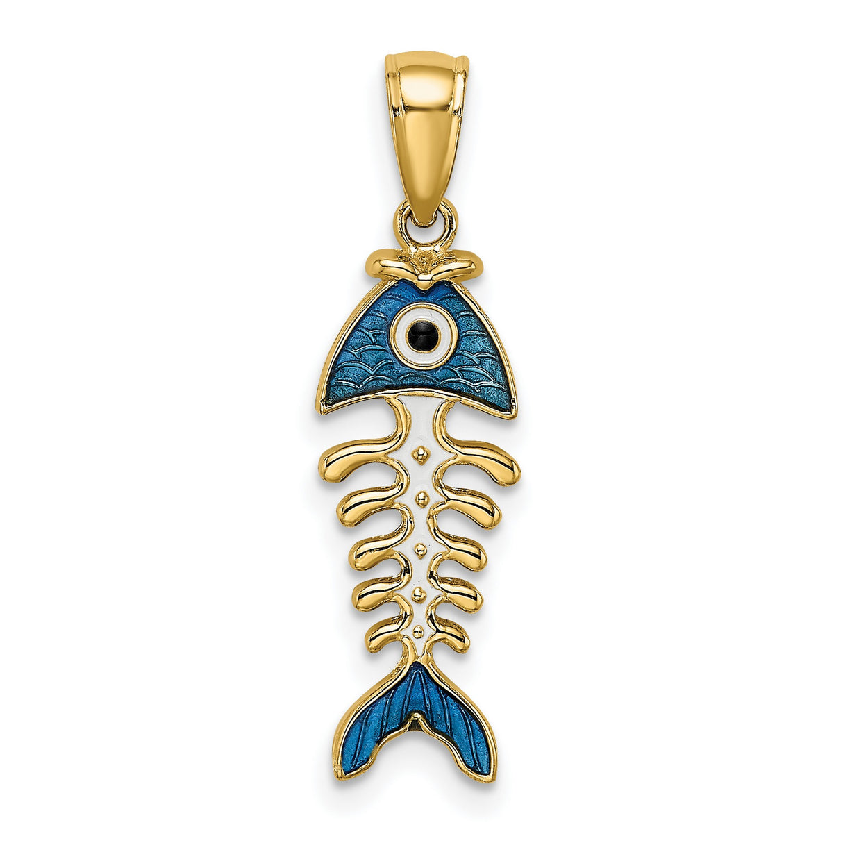 14k Yellow Gold Fish Skeleton Pendant with Blue Enamel Evil Eye Charm, Unisex Mediterranean Style