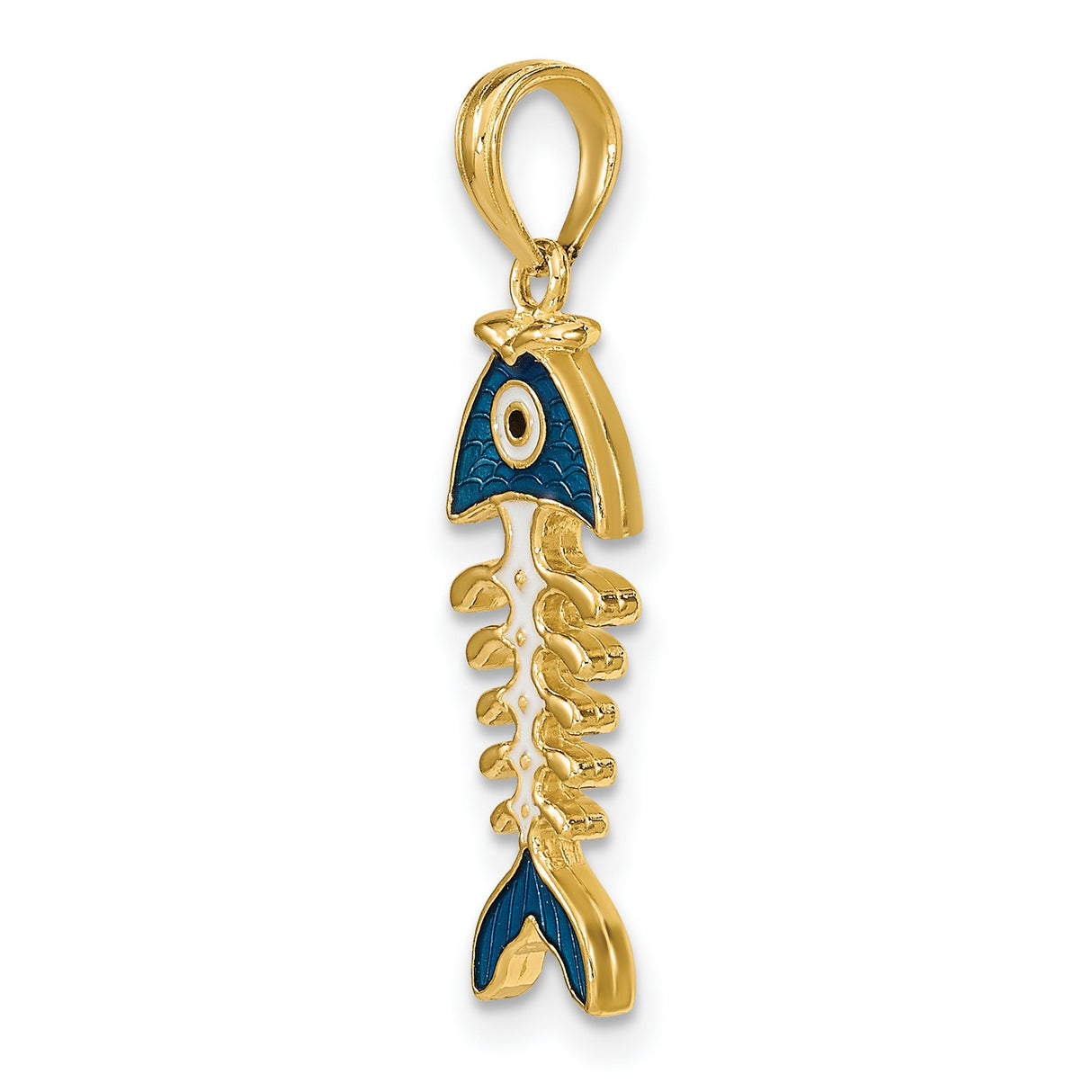 14k Yellow Gold Fish Skeleton Pendant with Blue Enamel Evil Eye Charm, Unisex Mediterranean Style